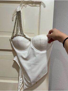 White Embellished Strap Bodysuit